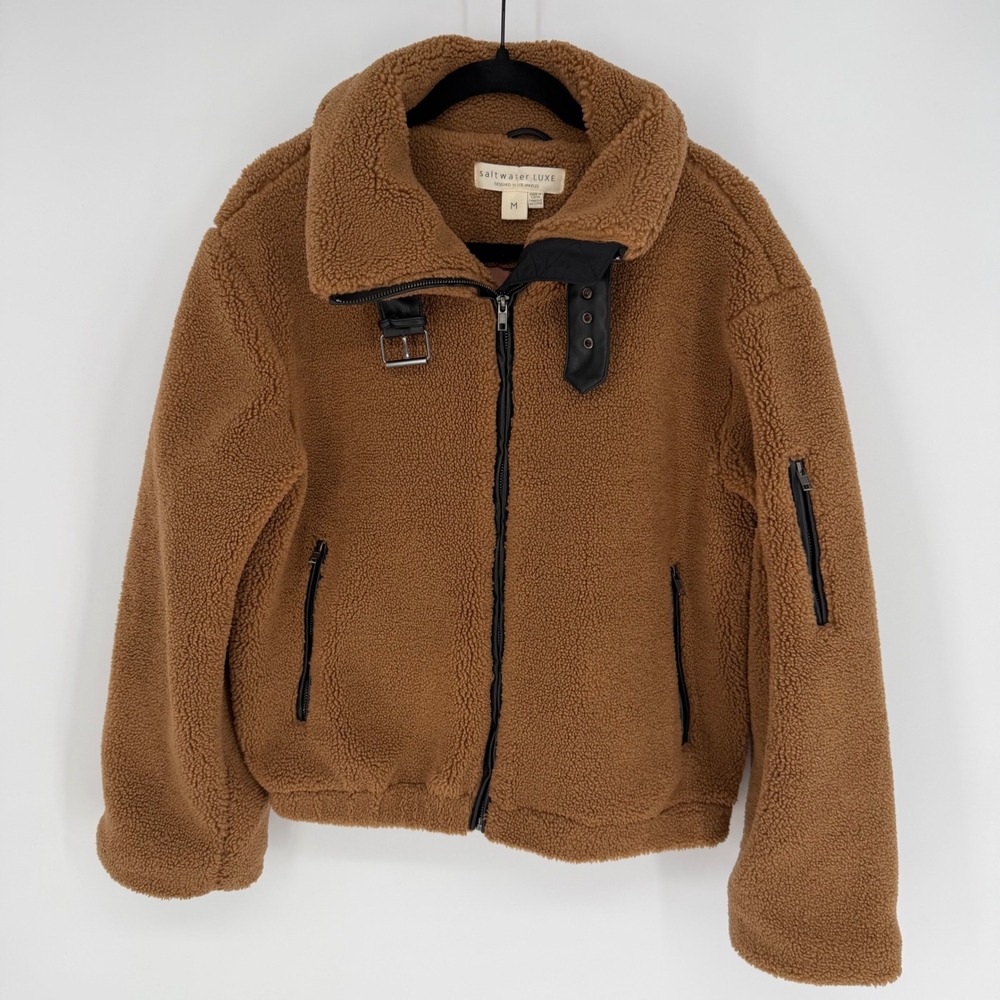 SALTWATER LUXE WINTER SHERPA TEDDY MOTO JACKET MEDIUM CAMEL BROWN AVIATOR APRES
